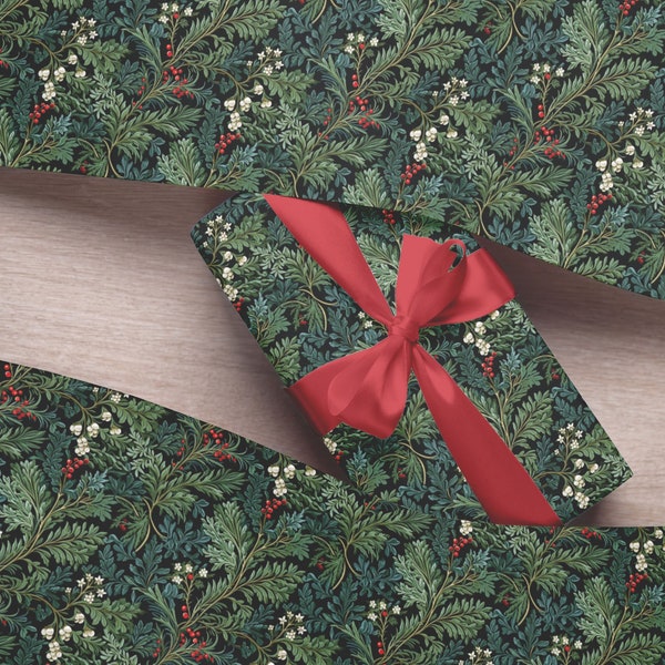 William Morris Inspired Christmas Wrapping Paper with Yew Berries, Mistletoe and Green Foliage - Eco-friendly, Uncoated and Recyclable