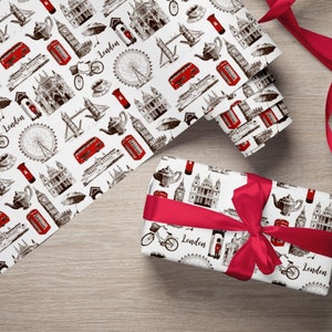 Papier cadeau London Icon - Croquis dessinés à la main avec des touches de rouge - Big Ben, bus rouge, cabine téléphonique, London Eye, boîte aux lettres, Tower Bridge et plus