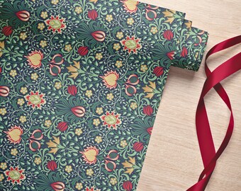 Eco-Friendly William Morris Persian Design Wrapping Paper - Teal and Red Floral Gift Wrap Sheets for Presents, Scrapbooking & DIY Crafts