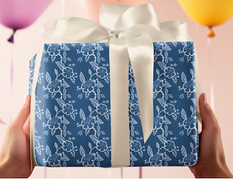 Blaues Blumen Geschenkpapier - Elegante Vintage Blumen Geschenkverpackung