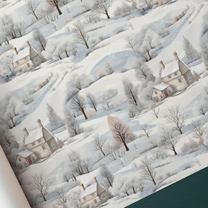 Carta da regalo per campagna invernale - Scena di tranquillo paesaggio invernale con case pittoresche e alberi baciati dalla neve - Confezione regalo riciclabile dal look vintage