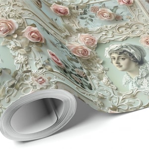 Carta da regalo vintage da donna Biedermeier con rose rosa - Elegante confezione regalo floreale pastello - Confezione nuziale femminile - Disponibile in rotoli