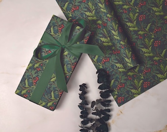Red Holly Berry and Green Leaves Christmas Wrapping Paper - William Morris Inspired Recyclable Gift Wrap in Traditional Festive Colours