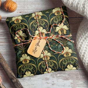 Art Nouveau Christmas Wrapping Paper – Vintage-Style Gift Wrap with White Flowers, Red Berries and Holly Leaves – Available Rolled