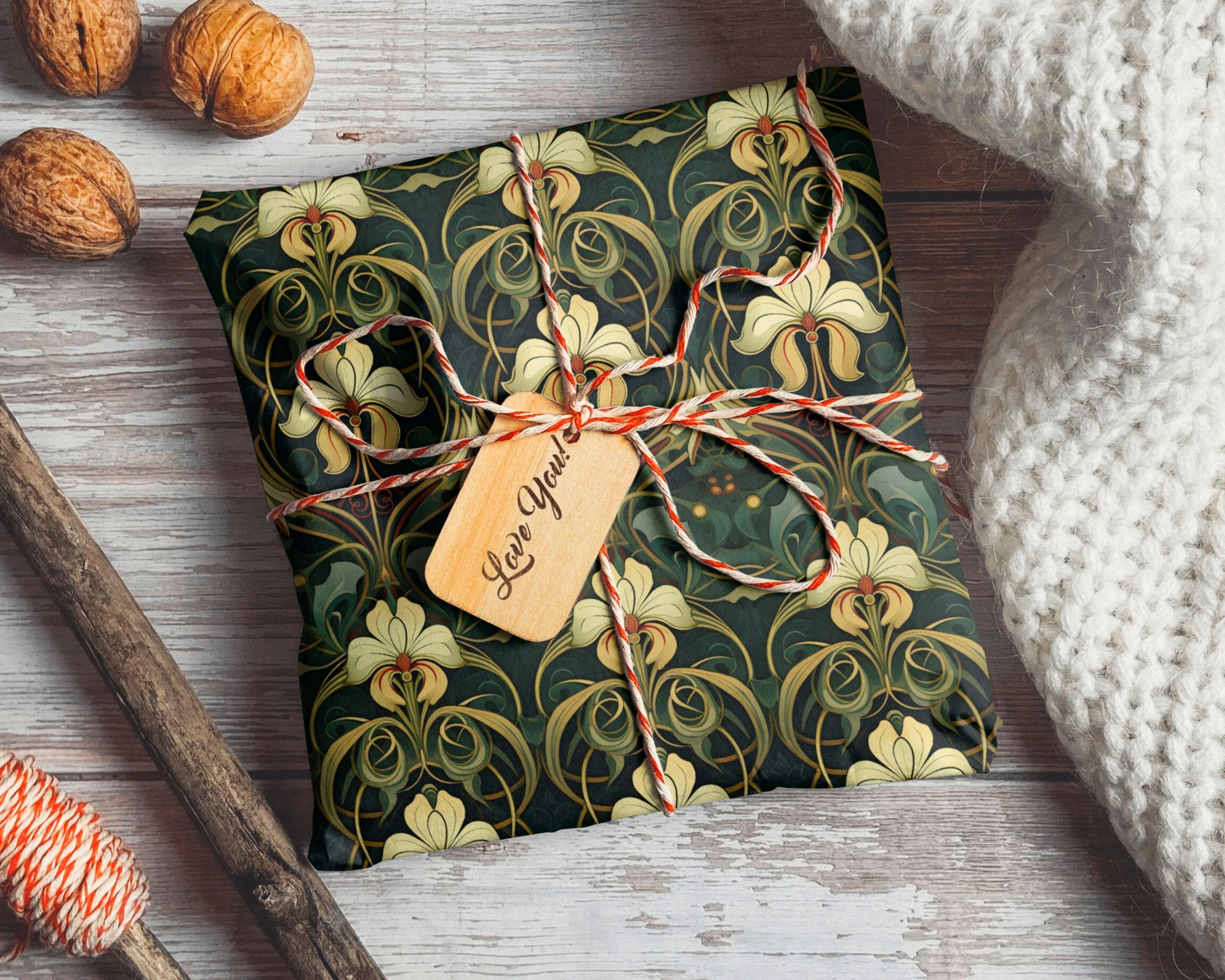 Art Nouveau Christmas Wrapping Paper – Vintage-Style Gift Wrap with White Flowers, Red Berries and Holly Leaves – Available Rolled