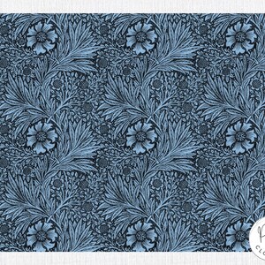 Close-up of William Morris Marigold wrapping paper in blue showing detailed Victorian floral pattern.