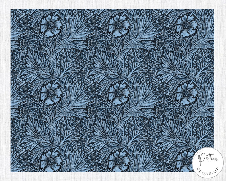 Close-up of William Morris Marigold wrapping paper in blue showing detailed Victorian floral pattern.