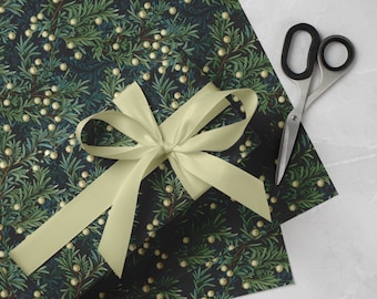 Christmas Zig Zag Pattern with Green Twigs & Mistletoe - Festive Wrapping Paper Inspired by William Morris - Traditional Seasonal Gift Wrap