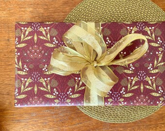 Crimson Botanical Christmas Wrapping Paper – Gold Festive Gift Wrap Inspired by William Morris