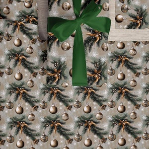 Carta da regalo rustica natalizia - Rami di pino, palline dorate e fiocchi di neve bianchi - Confezione regalo festosa vintage accogliente - Lucida e opaca