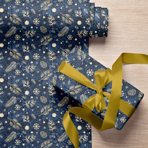 Elegant Christmas Wrapping Paper - Gold Christmas Symbols on William Morris's Dark Blue Marigold Backdrop - Uncoated, Recyclable, Festive