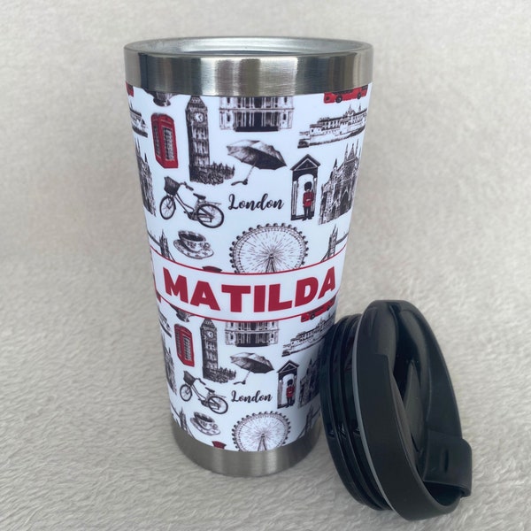 London Landmarks Personalised Travel Mug - Hand-Drawn Design - Thermal Insulation - Fits Car Cup Holders - Personalise with Name - 450 ml