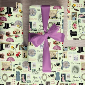 Jane Austen Wrapping Paper – Vintage Collage Gift Wrap with Mr Darcy, Regency Fashion, Book Covers & Mint Background for Literary Gifts