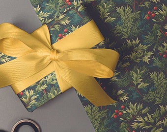William Morris Inspired Christmas Wrapping Paper - Traditional Green Twigs and Red Holly Berries Design - Available in 1m, 2m, 3m & 5m Rolls