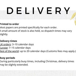 Delivery information card outlining printing, shipping times and busy period details for wrapping paper orders.