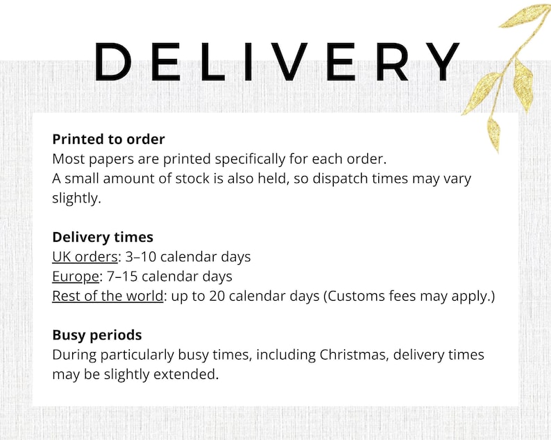 Delivery information card outlining printing, shipping times and busy period details for wrapping paper orders.