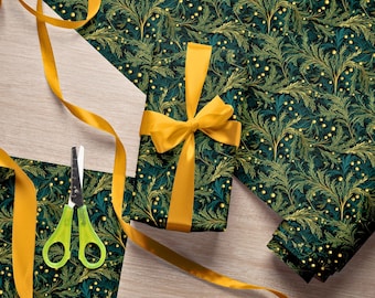 Golden Mistletoe and Green Twigs Wrapping Paper - William Morris Inspired Christmas Gift Wrap - Eco, Elegant and Recyclable Festive Wrapping