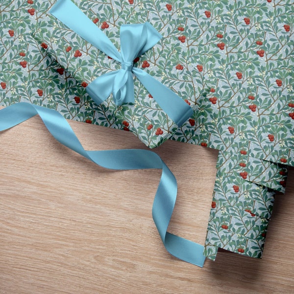 Vintage Christmas Wrapping Paper - Arbutus Pattern by Morris & Co - Red Berries and Green Foliage - Ideal for Festive DIY and Scrapbooking