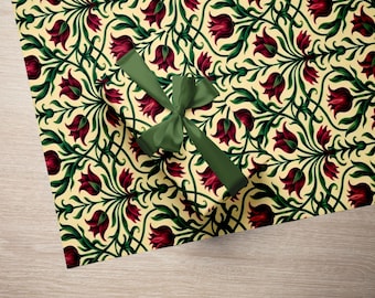 Stylised Tulip Wrapping Paper – Vintage Floral Gift Wrap in Burgundy and Green