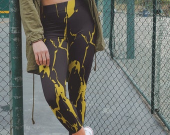 Women's Cut & Sew Abstract Leggings Lightning Road Empowering Skinny Fit Yoga Pants Soft Casual Gold Pattern Bottoms Stylish Black Tights