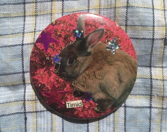 Vintage Bunny Collage Pin Badge, Handmade, Timid Rabbit