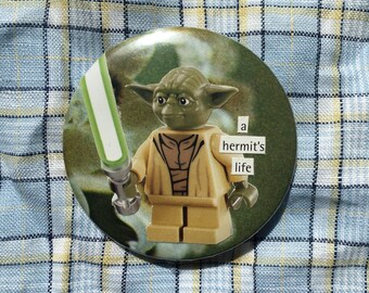 Yoda pin badge, handmade collage button badge, Lego Star Wars, The Hermit