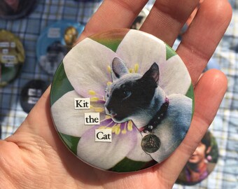 Kit the Cat pin badge, handmade collage button badge, Charmed