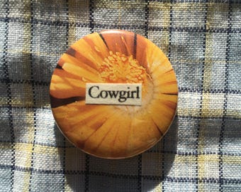 Cowgirl pin badge, handmade collage button badge