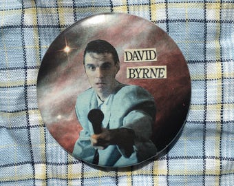 David Byrne pin badge, handmade collage button badge, Talking Heads