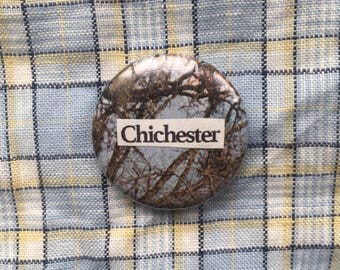 Chichester pin badge, handmade collage button badge, West Sussex
