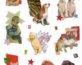 Animal Sticker Sheet, A5, cute collage pets, cats and dogs, stickers, journal