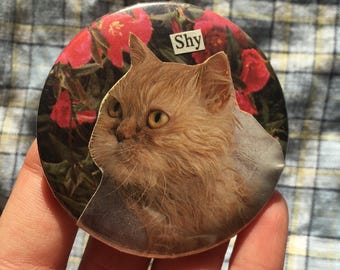 Shy cat pin badge, handmade collage button badge, cute kitten