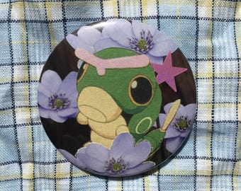Caterpie pin badge, handmade collage button badge, Pokémon