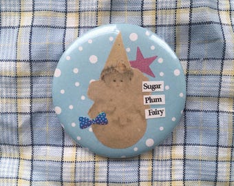 Sugar Plum Fairy Handmade Collage Pin Badge, Vintage Doll