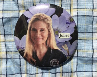 Juliet Burke pin badge, handmade collage button badge, Lost Tv Show