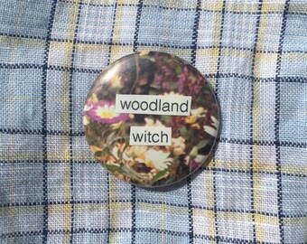 Woodland witch small pin badge, handmade collage button badge