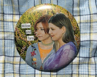Willow and Tara pin badge, handmade collage button badge, Buffy the Vampire Slayer