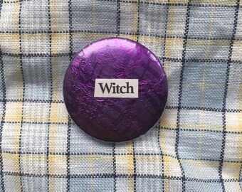 Witch pin badge, handmade collage button badge, spooky, purple foil