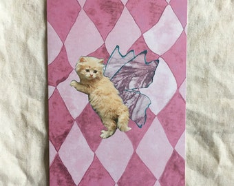 Cute Cat Fairy Greetings Card, A6, vintage collage