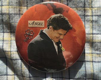 Angel pin badge, handmade collage button badge, Buffy, BTVS