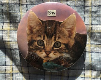 Shy vintage cat pin badge, handmade collage button badge, cute kitten