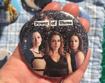 Charmed pin badge, handmade collage button badge, Power of Three
