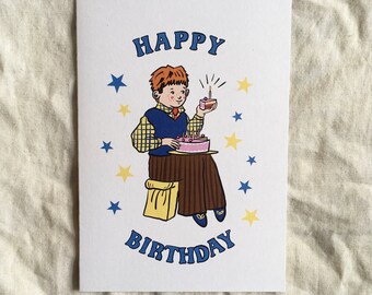 Retro Birthday Cake Greetings Card, Illustrated A6