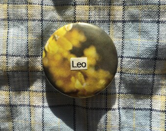 Leo pin badge, handmade collage button badge, horoscope, star sign, zodiac, astrology