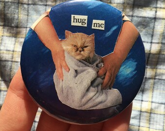 Vintage bathtime cat pin badge, handmade collage button badge, hug me, grumpy