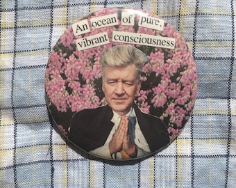 David Lynch pin badge, handmade collage button badge, Meditation