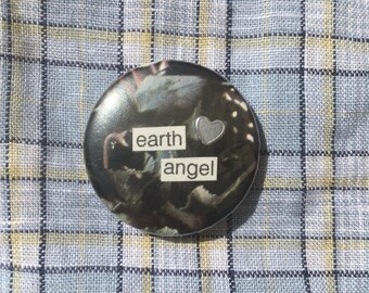 Earth angel pin badge, handmade collage button badge, cute