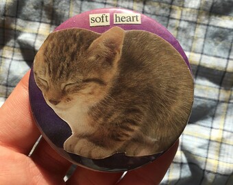 Soft heart cat pin badge, handmade collage button badge, Cute kitten