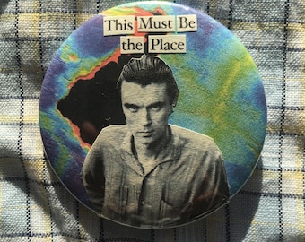 David Byrne, This Must Be the Place pin badge, handmade collage button badge, Talking Heads
