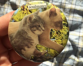 Cute vintage cats pin badge, handmade collage button badge, soulmates